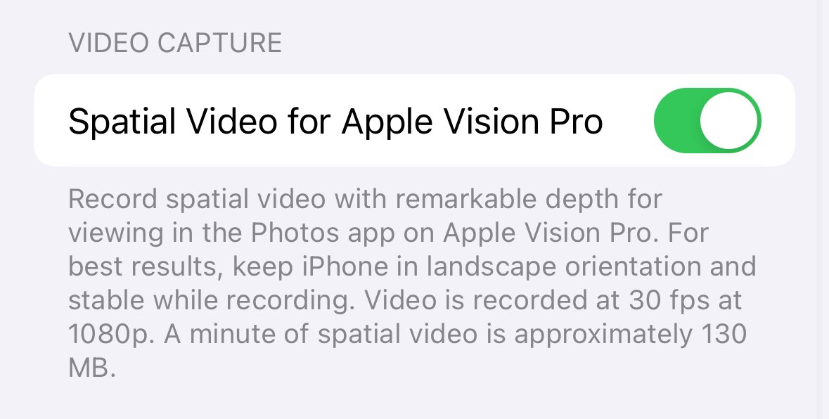 iOS 17.2 kamera ayarlarında Spatial Video seçeneği